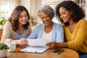 Three people sit together at a table reviewing a document and smiling in a home setting.
