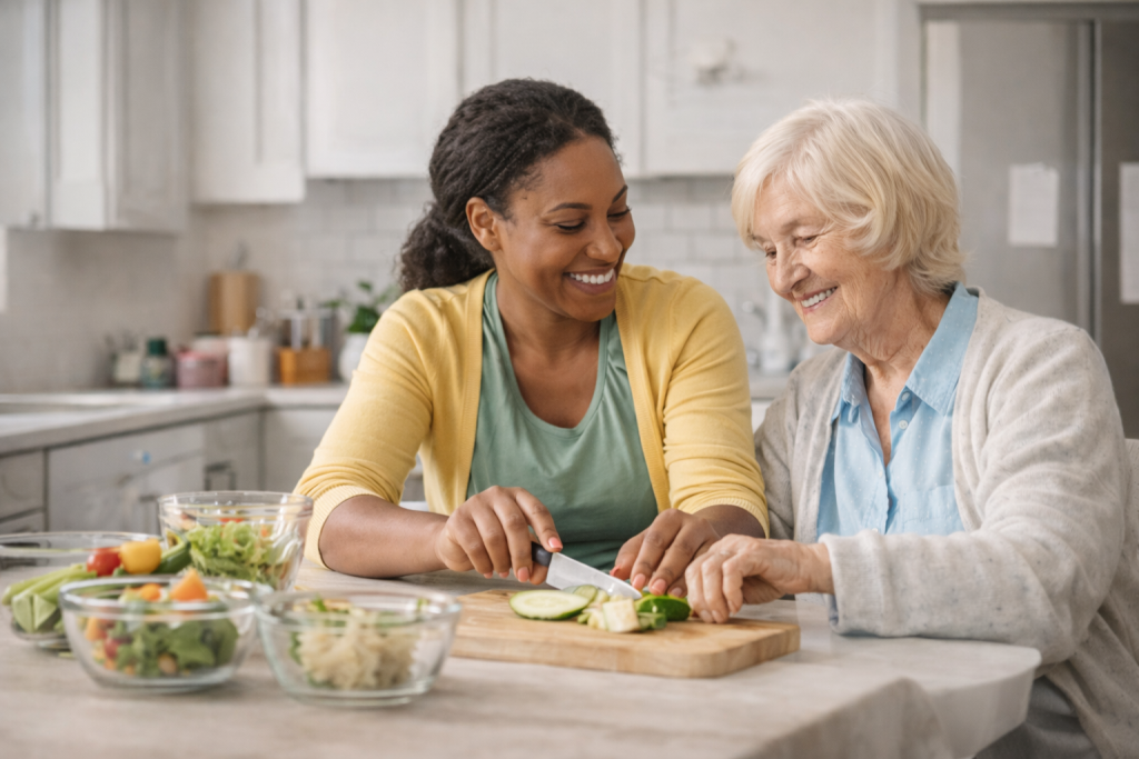 Two people stand together at a kitchen counter preparing food in a home setting.