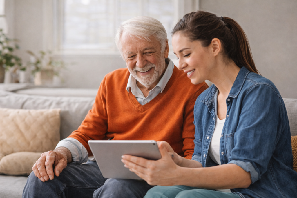 Two people sit together on a couch reviewing information on a tablet in a home setting.