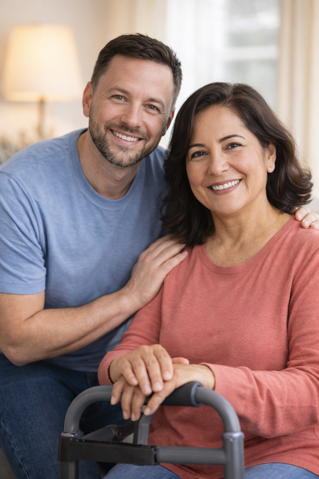 alt="Two people stand together in a home setting, with one using a walker while the other stands nearby."